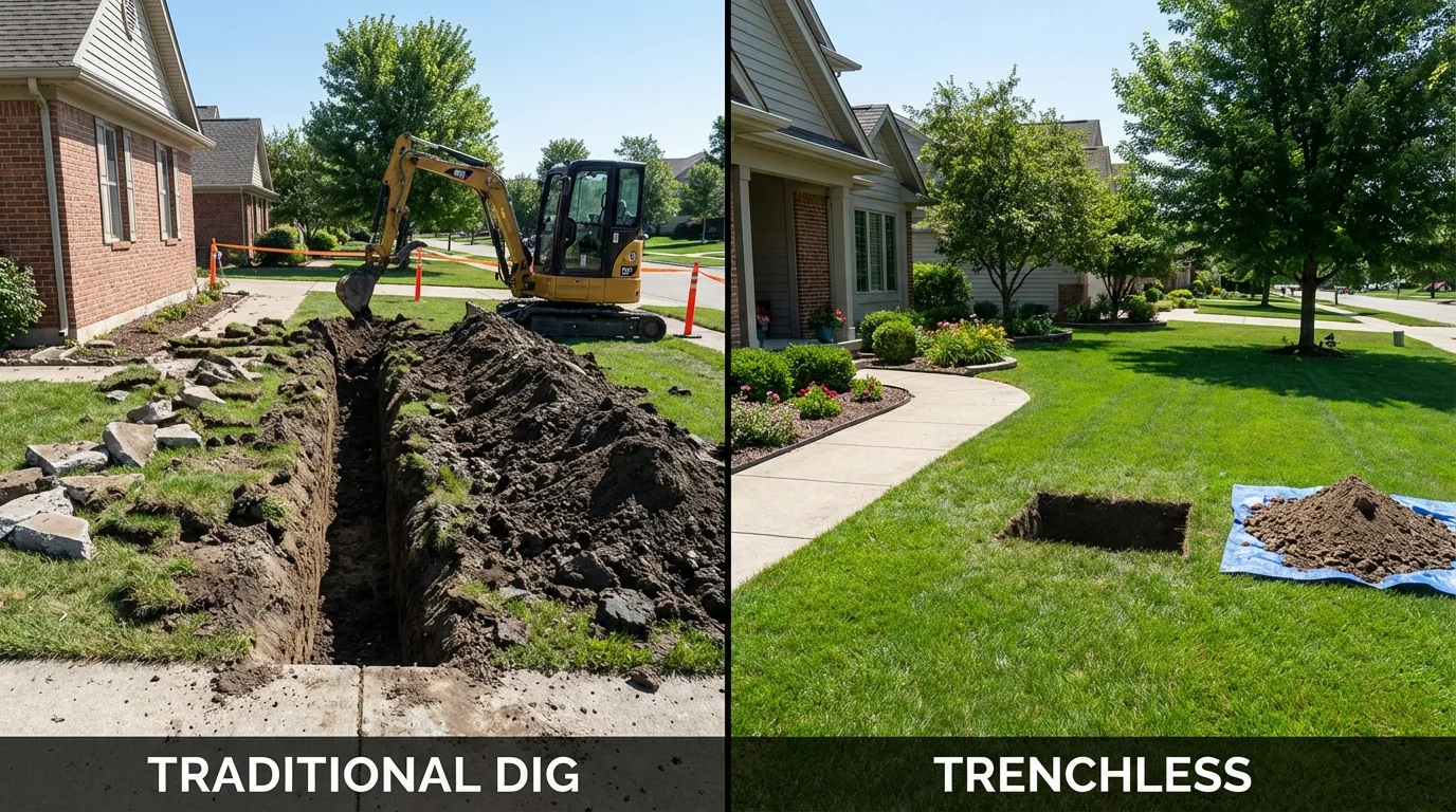 Trenchless sewer repair with minimal yard damage versus traditional excavation in Lake Bluff, IL