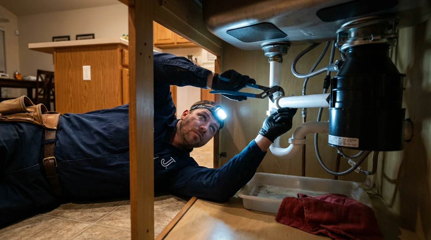 P-trap and supply line connections under a kitchen sink showing a common leak point in Lake Bluff, IL